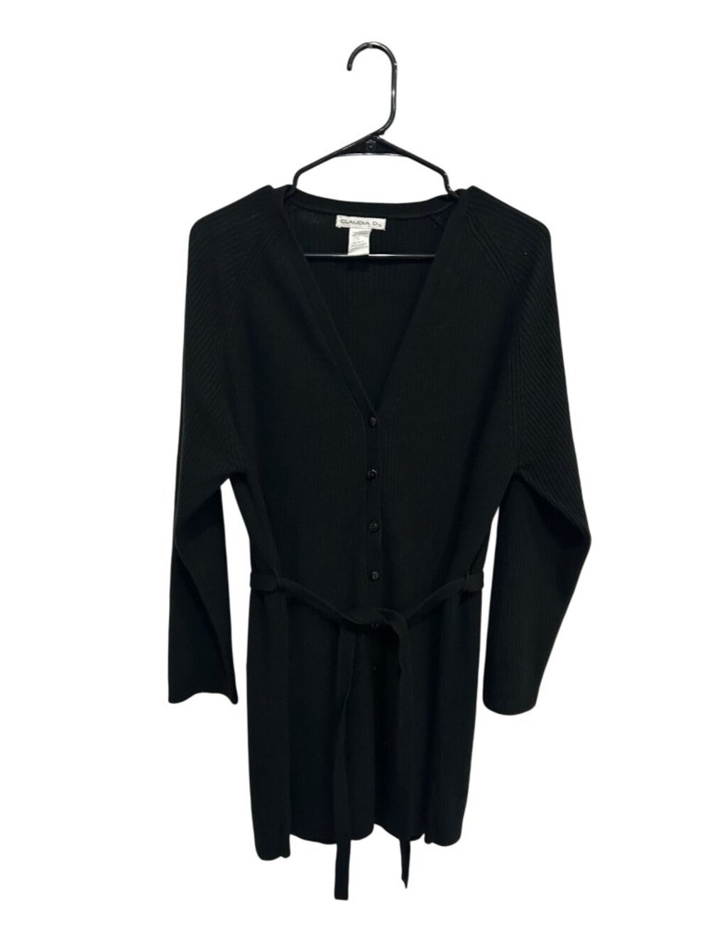 Claudia D Large Black Ribbed Button-Up Cardigan Waist Tie Belt Cozy Minimalist